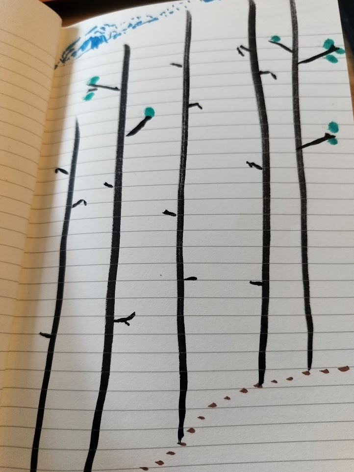 Minimalist ink pen line drawing of burned trees starting to regrow