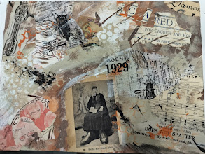 Collage with an old photo of a French women with large feet, sheet music, insects and headline fragments