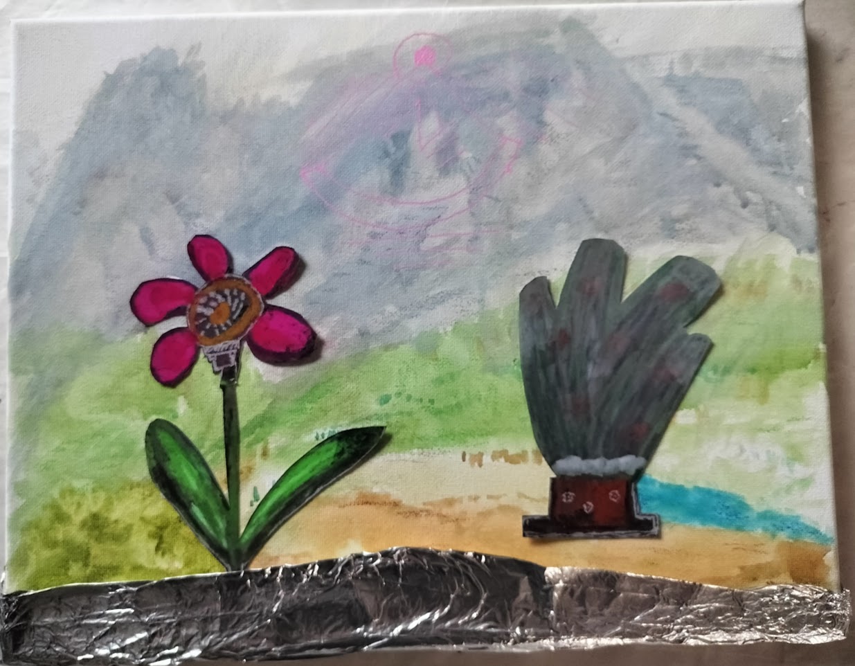 A water color landscape, two pastel color plants on top, a weird line symbol over them