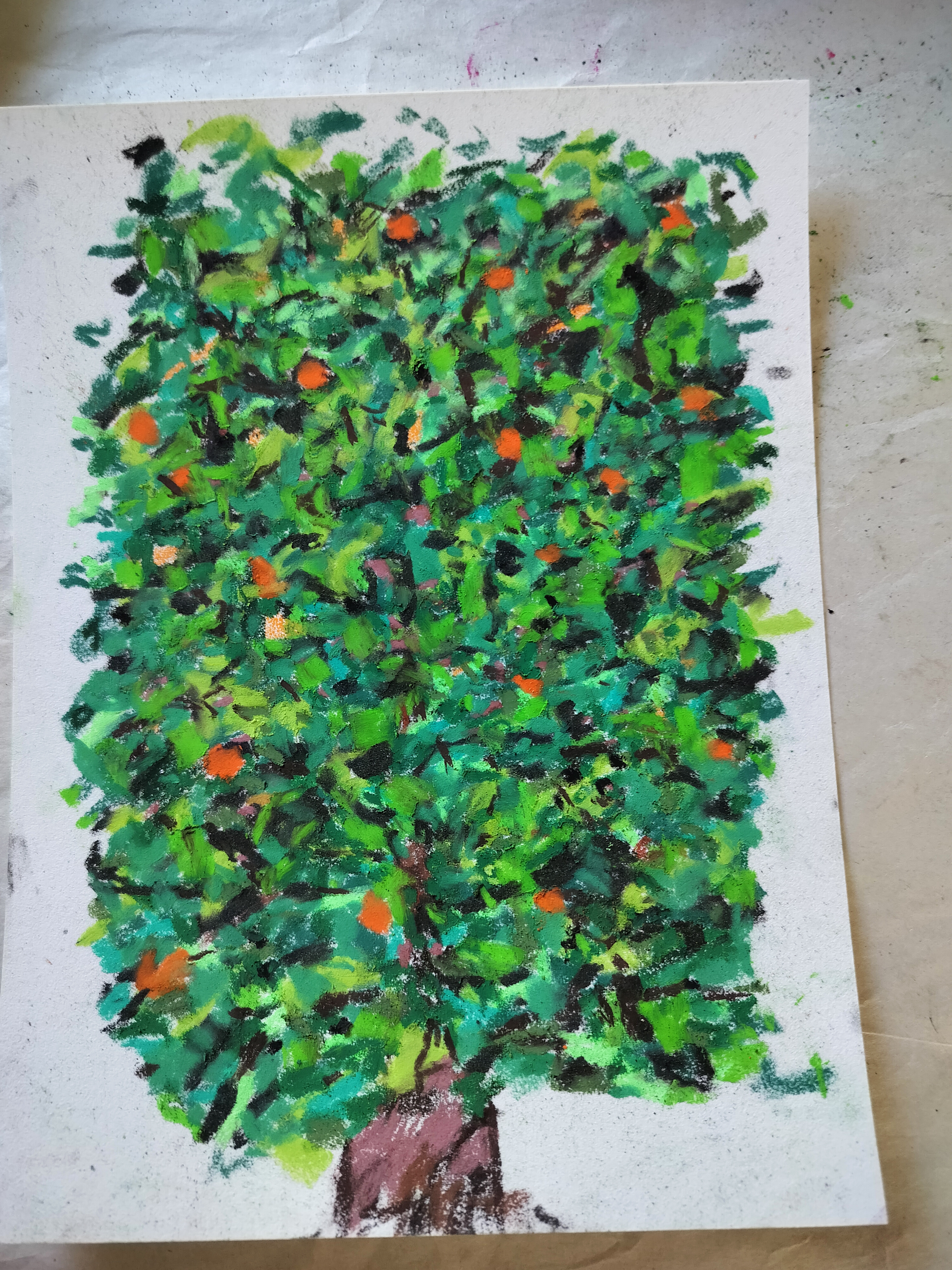 Pastel drawing of a shrub with shades of green, some orange and brown branches